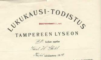 Tampereen Lyseon Lukukausi-todistus  1938 - todistus