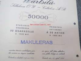 Wärtsilä Selluloosa Oy Cellulosa Ab, Värtsilä 1944, 50 osaketta á 1 000 mk = 50 000 mk Litt. C etuoikeutettu -osakekirja, käyttämätön, makuleras-leimattu