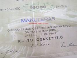 Kuitu Osakeyhtiö, Jääski, 10 osaketta á 1 000 Smk = 10 000 Litt. B, 1942 BLANCO -osakekirja, käyttämätön, makuleras-leimattu