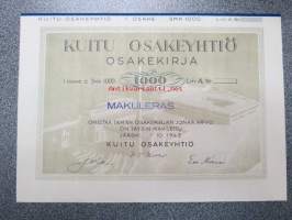 Kuitu Osakeyhtiö, Jääski, 1 osake á 1 000 Smk = 1 000 Litt. A, 1942 BLANCO -osakekirja, käyttämätön, makuleras-leimattu