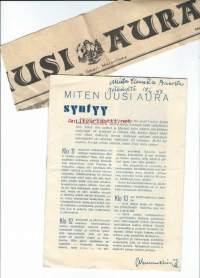 Miten Uusi Aura syntyy -esite 1946 / Uusi Aura oli suomalainen sanomalehti. Lehti ilmestyi Turussa vuosina 1897–1964Lehti oli Kokoomuksen ja sen edeltäjien