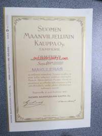 Suomen Maanviljelijäin Kauppa Oy, Tampere 1948, Sarja DN, 1 000 osaketta á 100 mk = 100 000 mk -osakekirja, blanco, käyttämätön, makuleras-leimattu