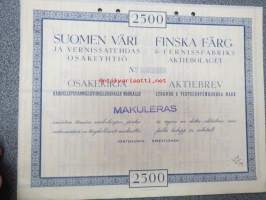 Suomen Väri- ja Vernissatehdas Oy, 1 osake 2 500 mk -osakekirja, blanco, käyttämätön, makuleras-leimattu