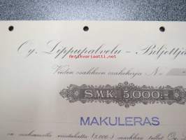 Oy Lippupalvelu - Biljettjänst Ab, Helsinki 1945, 5 osaketta 5 000 mk -osakekirja, blanco, makuleras-leimattu