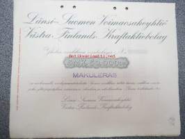 Länsi-Suomen Voimaosakeyhtiö - Västra Finlands Kraftaktiebolag, Pori 1935, 1 osake 50 000 mk -osakekirja, blanco, makuleras-leimattu
