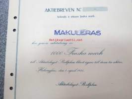 Ab Bollplan, Helsinki 1924, Aktiebrev, tio aktier - ettusen finska mark -osakekirja, blanco, käyttämätön, makuleras-leimattu