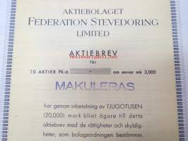 Aktiebolaget Federation Stevedoring Limited, Kotka 1953, Aktiebrev, tio aktier - 2 000 = 20 000 mark -osakekirja, blanco, käyttämätön, makuleras-leimattu