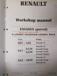 MOT. J..(E) Renault Workshop manual, Petrol engine, 4-cylinders-with Alunium cylinder block, Type 807-A5L / 841-A1M/A2M / 843-A6M - katso mallimerkinnät kuvista