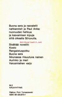 Nuoruus, 1981. Sisältää novellit Kosto; Rangaistuspotku; Buona Sera; Ikkunassa riisuuva nainen; Aurinko ja meri; Varusmiehen varjo