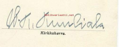 Wiljo-Kustaa Kuuliala nimikirjoitus virkatodistksessa 1945 / Wiljo-Kustaa Kuuliala oli teologian tohtori, rovasti ja Riihimäen kirkkoherra. Hän oli kokoomuksen