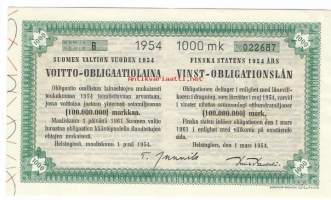 Suomen valtion 1954  Voitto-obligaatiolaina  1000 mk sarja B