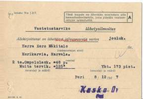 Vaatetustarvike lähetysilmoitus - Kesko Oy Pori / Mäkitalo Merikarvia 1947