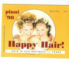 Pinni 98 Happy Hair -  mainos siiderietiketti viinaetiketti
