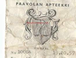 Paavolan  Apteekki  Paavola -   reseptipussi  resepti signatuuri  1957
