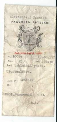 Paavolan  Apteekki  Paavola -   reseptipussi  resepti signatuuri  1957