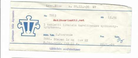 Loimaan Mlk  Apteekki  Paavola -  reseptipussi   resepti signatuuri  1969