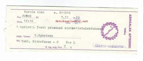 Asikkalan Apteekki, Vääksy -  resepti signatuuri  1969