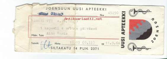 Joensuun Uusi Apteekki -  resepti signatuuri  1964