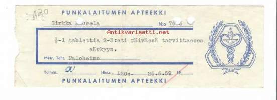 Punkalaitumen Apteekki Punkalaidun -  resepti signatuuri  1959