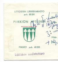 Piikkiön  Apteekki Littoisten Lääkevarasto Piikkiö -  reseptipussi resepti signatuuri  1953