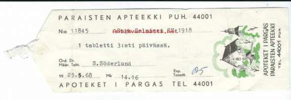 Paraisten  Apteekki  Parainen -   resepti signatuuri  1968