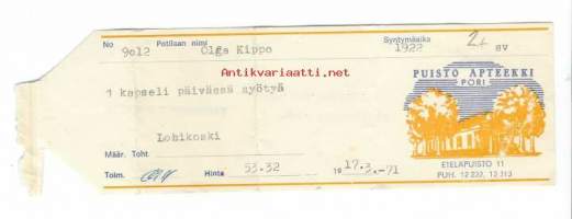 Puisto  Apteekki  Pori-   resepti signatuuri  1971
