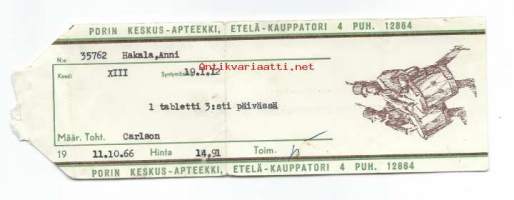 Porin Keskus-Apteekki Pori  -   resepti signatuuri  1966