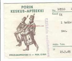 Porin Keskus-Apteekki Pori  -  reseptipussi  resepti signatuuri  1965