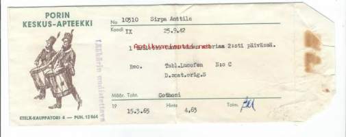 Porin Keskus-Apteekki Pori  -  reseptipussi  resepti signatuuri  1965
