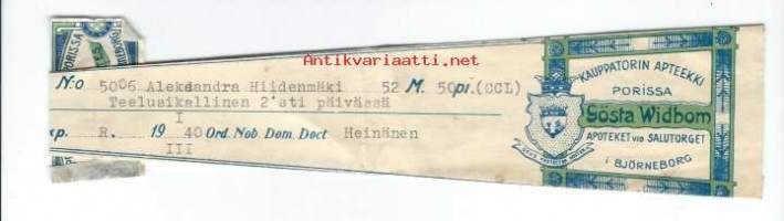 Kauppatorin Apteekki Porissa Pori   -   resepti signatuuri  1940
