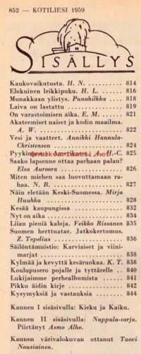 Kotiliesi 1959 N:o 15 elokuu I.  Katso sisällysluettelo kuvasta.