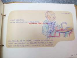 Alakoululaisen piirros- aja askarteluvihko / -kansio, mukana myös monistettuja yleisiä oheita mm. hammashoitoon, 1960-luvulta