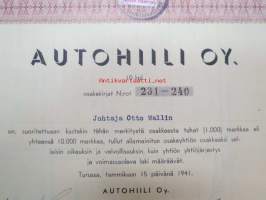 Autohiili Oy,  Turku 1941, 10 osaketta á 1 000 mk = 10 000 mk, Otto Wallin, osakkeet nr 231-240 -osakekirja