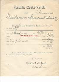 Kansallis-Osake-Pankki Pori / Merikarvian Kunnallislautakunta - ote Talletus-kontokuranttitilistä 1908  - firmalomake