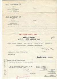 Aug Lipsanen Oy Pori  2xKansanhuolto 1947 ja lasku 1950- firmalomake 3 kpl