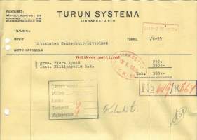 Turun Systema / kyniä ja hiilipaperia  1935  - firmalomake