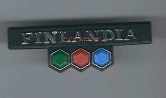 Finlandia ( Salora TV) tuotemerkki, laitemerkki - muovia 6x2 cm / Salora toi  1958  markkinoille kokonaan omaa tuotantoa olevan television mm  mallit Messina,