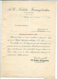 Nordiska Föreningsbanken Ab, Notariatavdelningen Helsinki 1935 - firmalomake 2 sivua