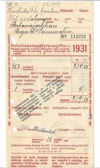 Helsingin kaupungin tulo- ja omaisuusveroa vuodelta 1932  kuitti - firmalomake