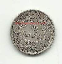 Saksa 1/2 Mark 1905 A   -  kolikko hopeaa
