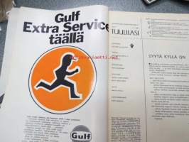 Tuulilasi 1969 nr 3, sis. mm. seur. artikkelit / kuvat / mainokset; Kansikuva Audi 100 LS, Gulf Extra Service, Automatkailu ulkomailla, Nikolajeffin Efta-auto