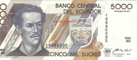 Ecuador 5000 Sucres 1987 seteli / Ecuadorin tasavalta eli Ecuador on valtio Etelä-Amerikan länsiosassa. Sen rajanaapurit ovat Kolumbia pohjoisessa ja Peru
