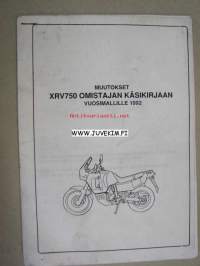 Honda XRV750 muutokset omistajan käsikirjaan vuosimallille 1992 -käyttöohjekirjan lisäosa