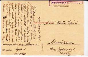 Kenttäpostikortti Ahvenanmaalle Maarianhaminaan 7.8.1941. Kenttäpostileima.  Kuva-aihe Ain&#039; eespäin vaan..