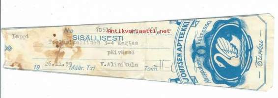 Joutsen Apteekki Turku  - resepti signatuuri  1959