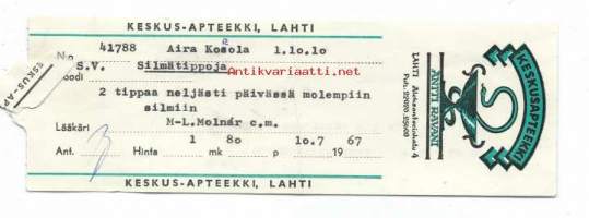 Keskusapteekki   Antti Ravani Lahti - resepti signatuuri   1967