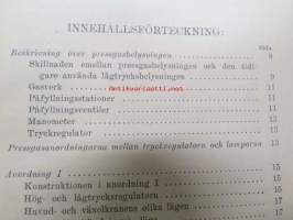 Junien painekaasuvalaistuksen selitys ja hoito-ohjeet - 1928 - Beskrivning över pressgasbelysning i bantågen jämte regler för dess skötsel