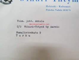 Wihuri-Yhtymä Oy Helsinki Kulosaari -kirje pääkonttorista Wihuri-Yhtymä Oy Aarnion toimitusjohtaja Akkolalle Turkuun 20.7.1962 koskien konttoristi, nti