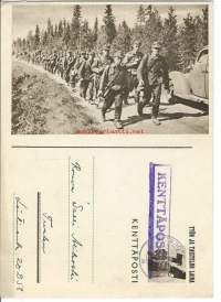 Marssi kohti tuntematonta  - sotilaspostikortti   kulkenut 1942  Kenttäpostia