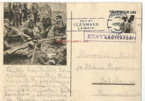 Pakit nuotiolla    - sotilaspostikortti   kulkenut 1942  Kenttäpostia